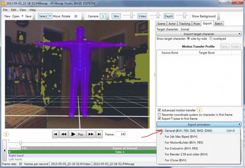 Export motions from iPiSoft in FBX format