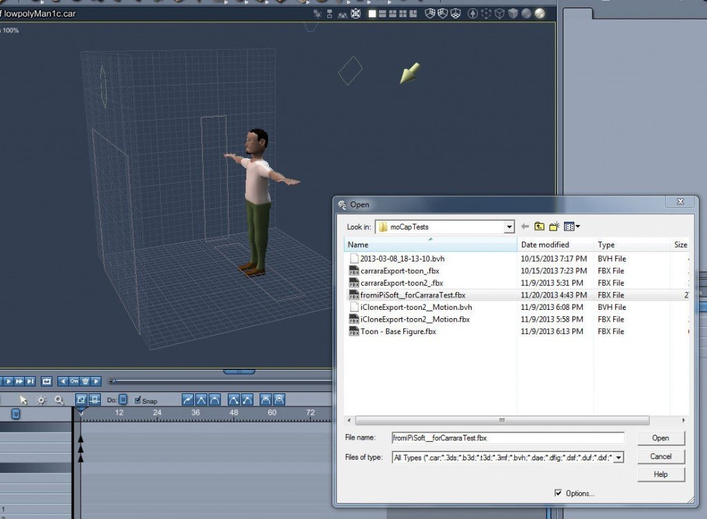 Import the FBX motion file into Carrara